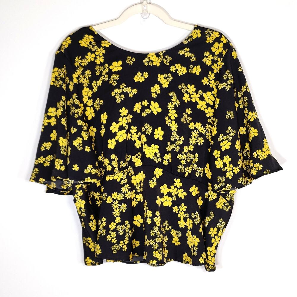 Who What Wear Peplum Blouse Floral Black Yellow XL‎ Flutter Sleeve